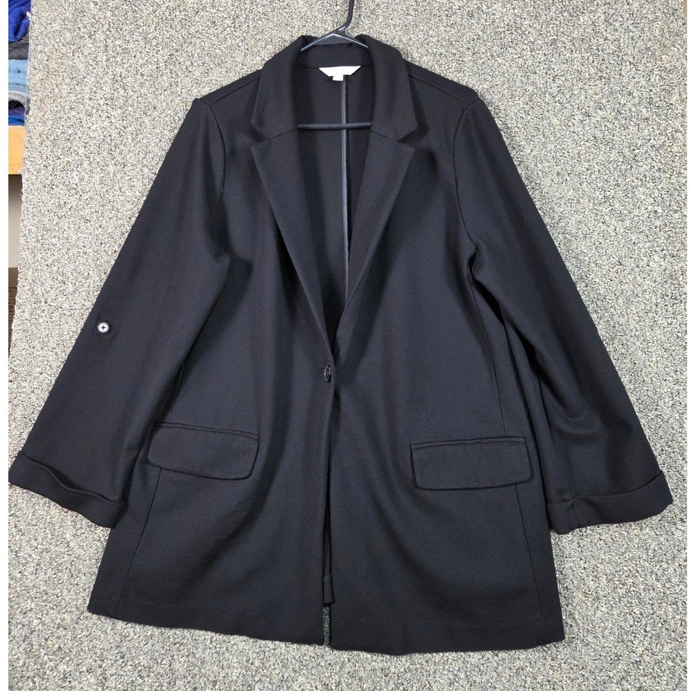 Time and True Blazer Women XL 16-18 Black Roll Tab‎ Sleeve Knit Jacket